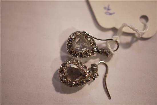 A pair of early Victorian pear shaped diamond drop earrings, drop excl. bale 14mm.